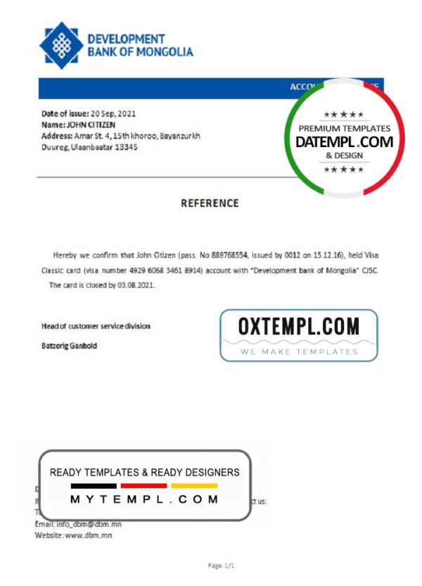 editable template, Mongolia Development Bank of Mongolia bank account closure reference letter template in Word and PDF format