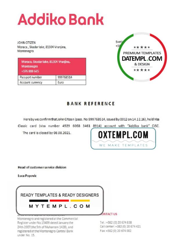 editable template, Montenegro Addiko Bank bank account closure reference letter template in Word and PDF format