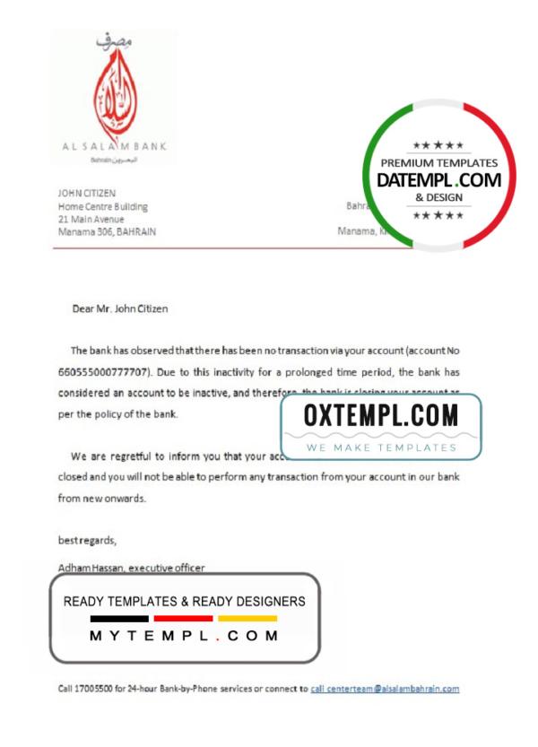 editable template, Bahrain Al Salam bank account closure reference letter template in Word and PDF format