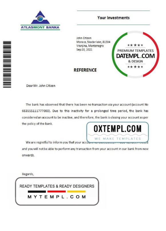 editable template, Montenegro Atlasmont banka bank account closure reference letter template in Word and PDF format