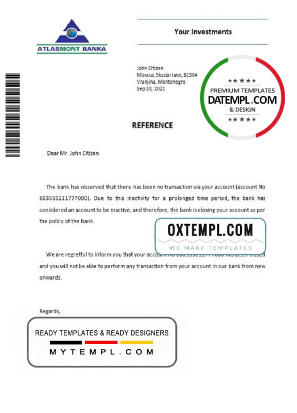 editable template, Montenegro Atlasmont banka bank account closure reference letter template in Word and PDF format