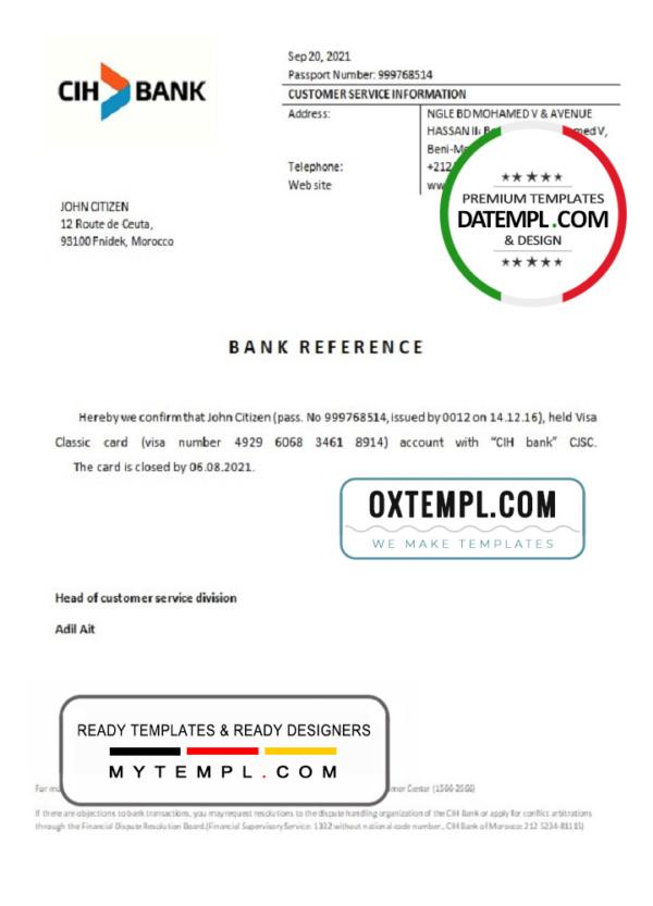 editable template, Morocco CIH Bank bank account closure reference letter template in Word and PDF format