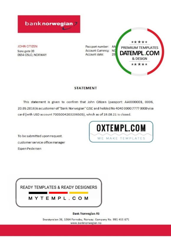 editable template, Norway Bank Norwegian bank account closure reference letter template in Word and PDF format