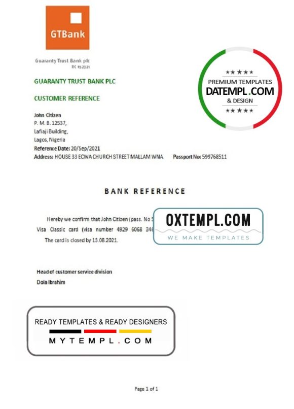 editable template, Nigeria GTBank bank account closure reference letter template in Word and PDF format