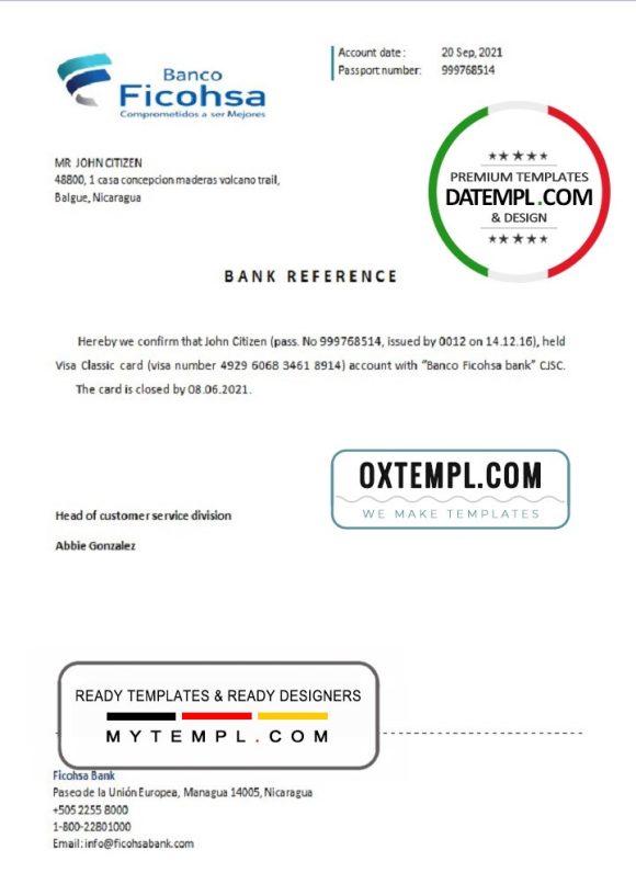 editable template, Nicaragua Banco Ficohsa bank account closure reference letter template in Word and PDF format