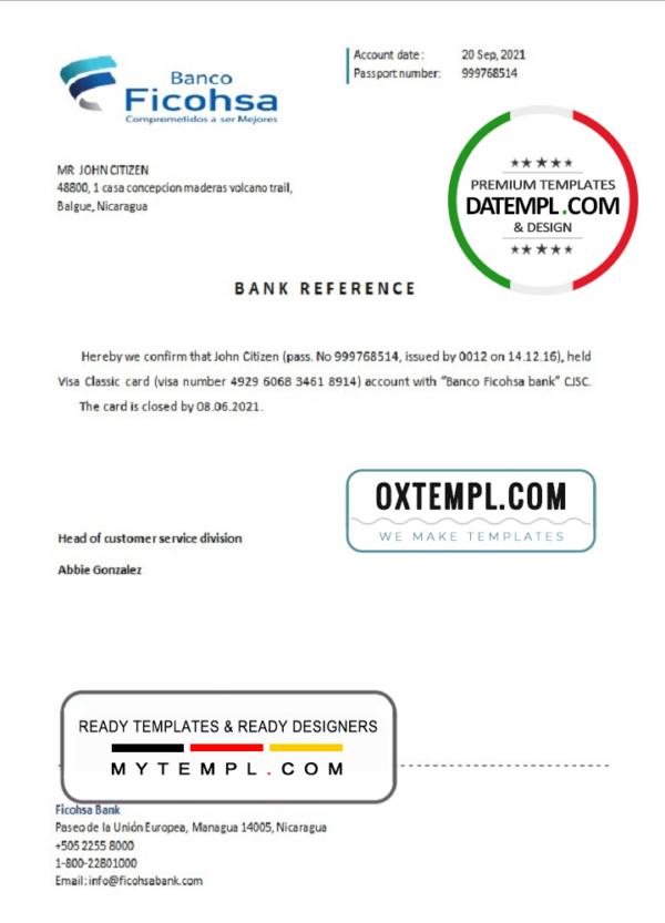 editable template, Nicaragua Banco Ficohsa bank account closure reference letter template in Word and PDF format