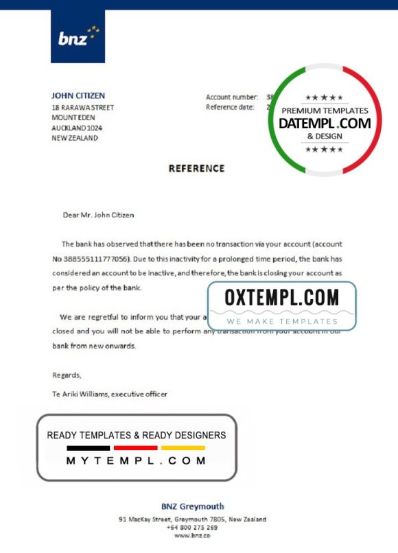 editable template, New Zealand BNZ bank account closure reference letter template in Word and PDF format