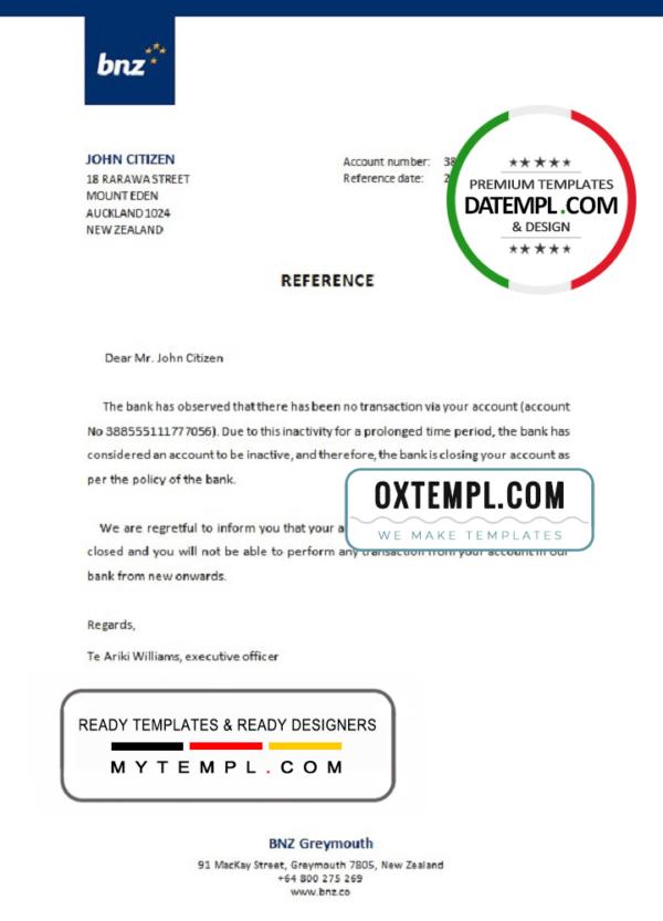 editable template, New Zealand BNZ bank account closure reference letter template in Word and PDF format