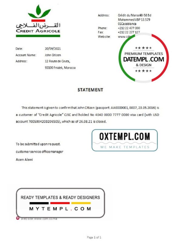 editable template, Morocco Credit Agricole bank account closure reference letter template in Word and PDF format