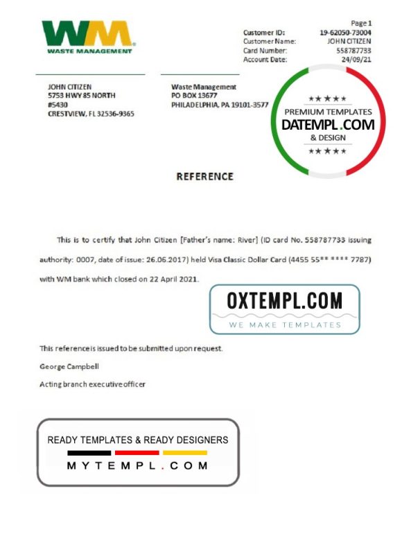 editable template, USA WM bank account closure reference letter template in Word and PDF format