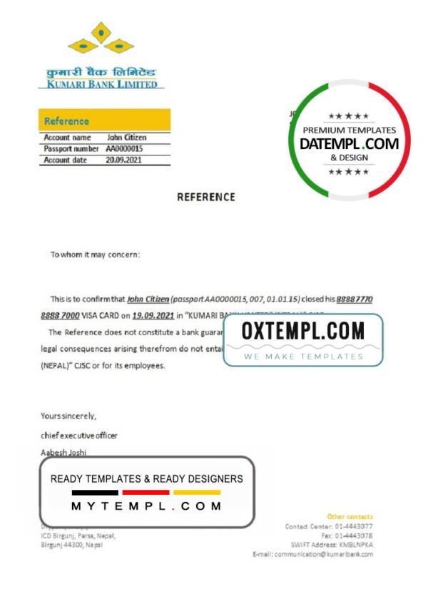 editable template, Nepal Kumari Bank bank account closure reference letter template in Word and PDF format