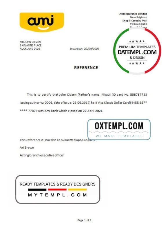 editable template, New Zealand Ami bank account closure reference letter template in Word and PDF format