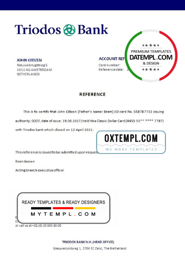 editable template, Netherlands Triodos Bank bank account closure certificate template in Word and PDF format