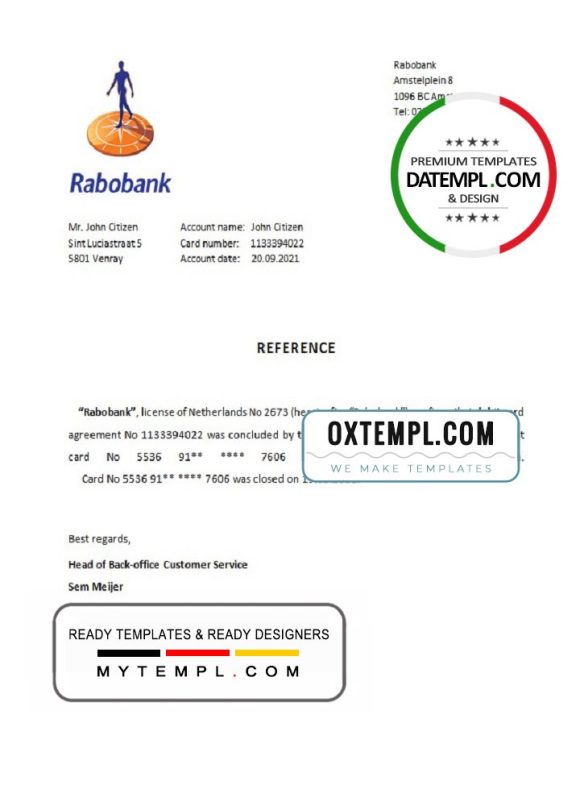 editable template, Netherlands Rabobank bank account closure certificate template in Word and PDF format