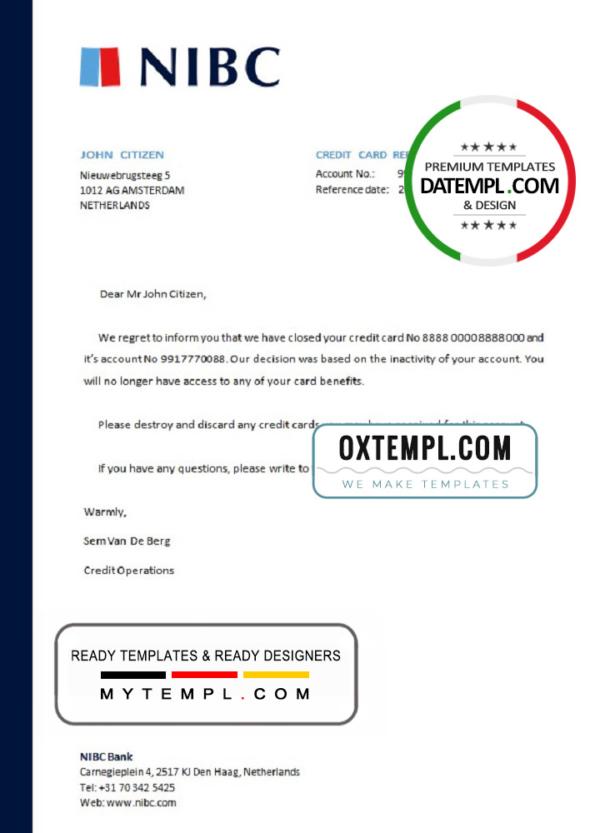 editable template, Netherlands NIBC Bank bank account closure certificate template in Word and PDF format