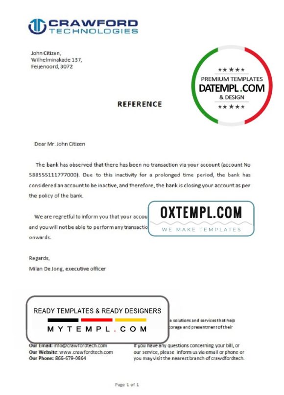editable template, Netherlands Crawford bank account closure certificate template in Word and PDF format
