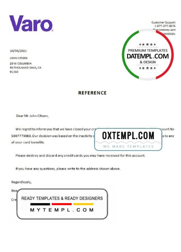 editable template, USA Varo bank account closure reference letter template in Word and PDF format