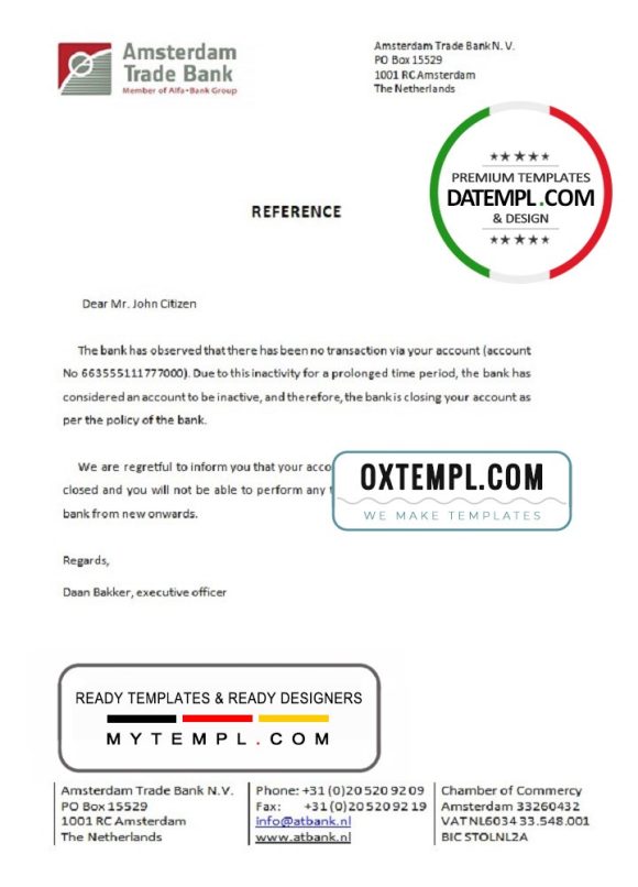 editable template, Netherlands Amsterdam Trade Bank account closure certificate template in Word and PDF format