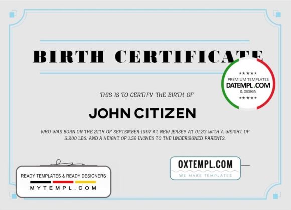 editable template, USA Birth Certificate template in Word and PDF format