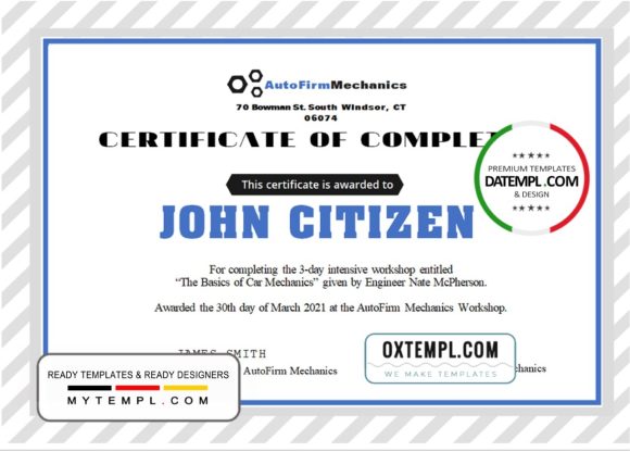 editable template, USA Car Workshop Experience  Certificate template in Word and PDF format