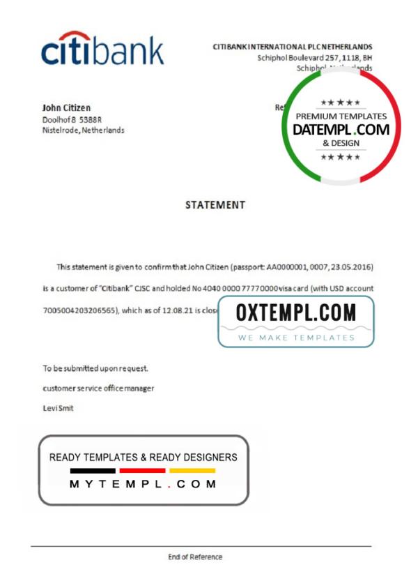 editable template, Netherlands Citibank account closure certificate template in Word and PDF format