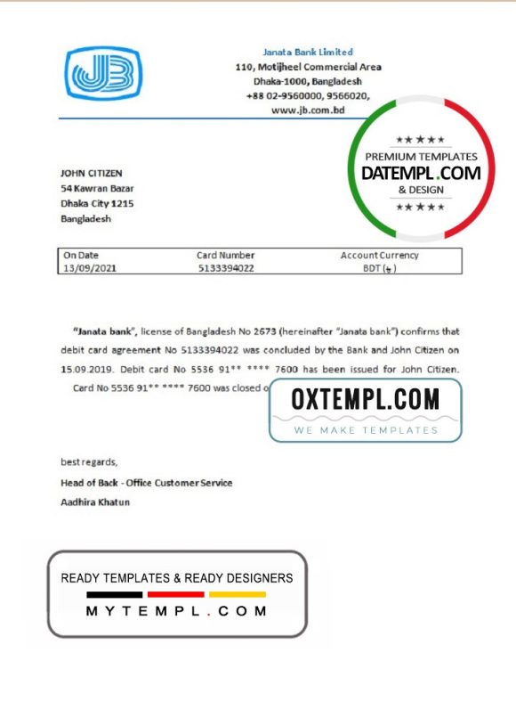 editable template, Bangladesh Janata bank account closure reference letter template in Word and PDF format