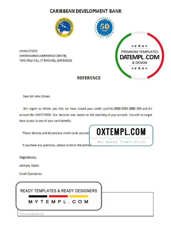 editable template, Barbados Caribbean Development Bank account closure reference letter template in Word and PDF format