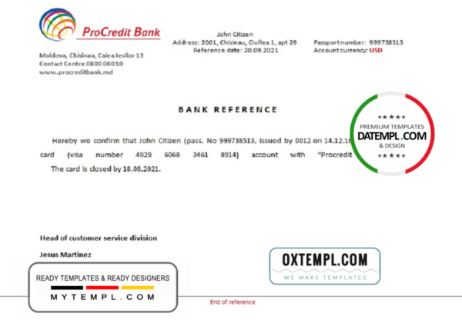 editable template, Moldova ProCredit Bank bank account closure reference letter template in Word and PDF format