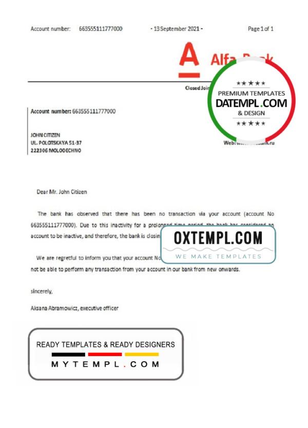 editable template, Belarus Alfa bank account closure reference letter template in Word and PDF format