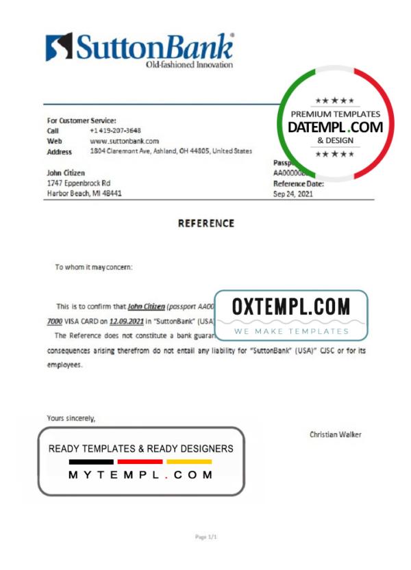 editable template, USA Sutton Bank bank account closure reference letter template in Word and PDF format