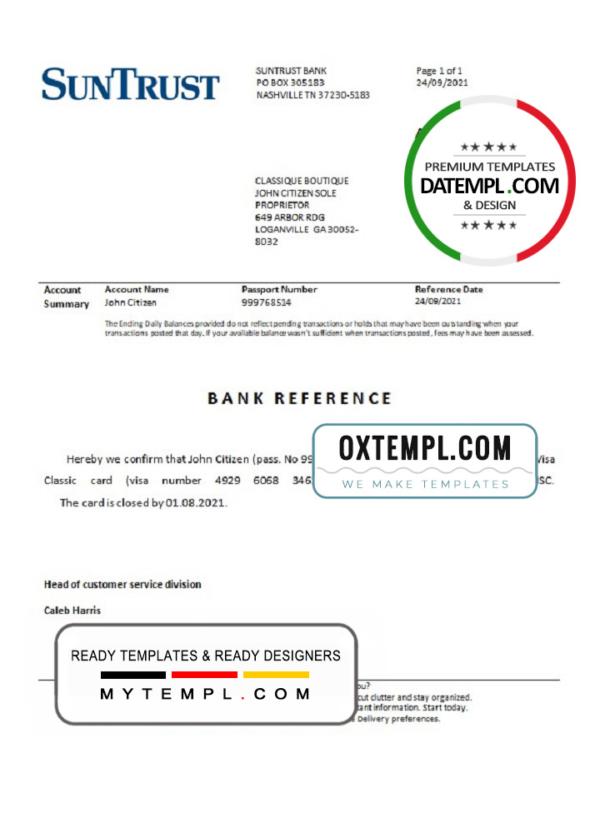 editable template, USA SunTrust bank account closure reference letter template in Word and PDF format