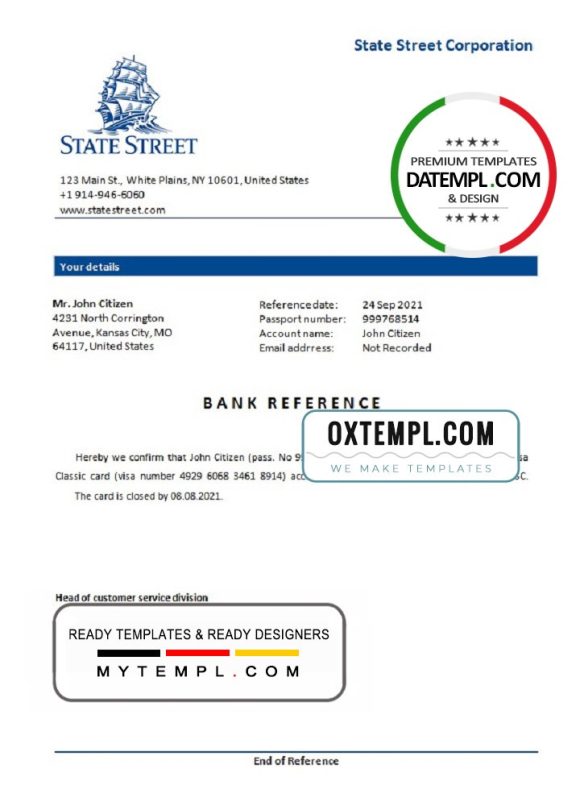 editable template, USA State Street bank account closure reference letter template in Word and PDF format