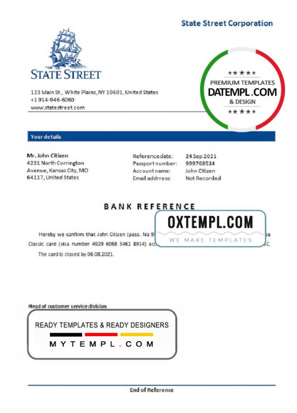 editable template, USA State Street bank account closure reference letter template in Word and PDF format