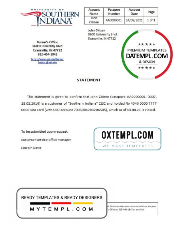 editable template, USA Southern Indiana bank account closure reference letter template in Word and PDF format