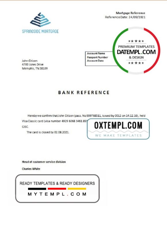 editable template, USA Springside Mortgage bank account closure reference letter template in Word and PDF format