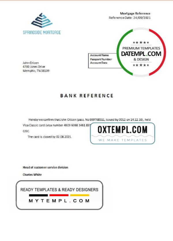 editable template, USA Springside Mortgage bank account closure reference letter template in Word and PDF format