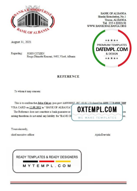 editable template, Albania Bank of Albania bank account closure reference letter template in Word and PDF format