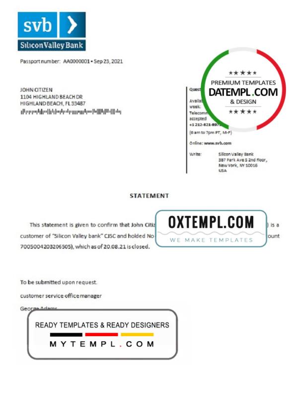 editable template, USA Silicon Valley Bank bank account closure reference letter template in Word and PDF format