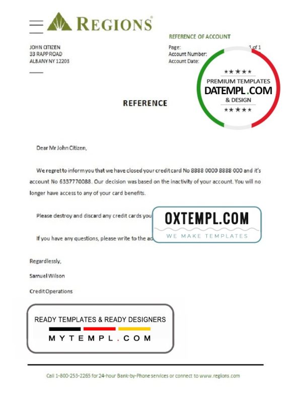 editable template, USA Regions bank account closure reference letter template in Word and PDF format