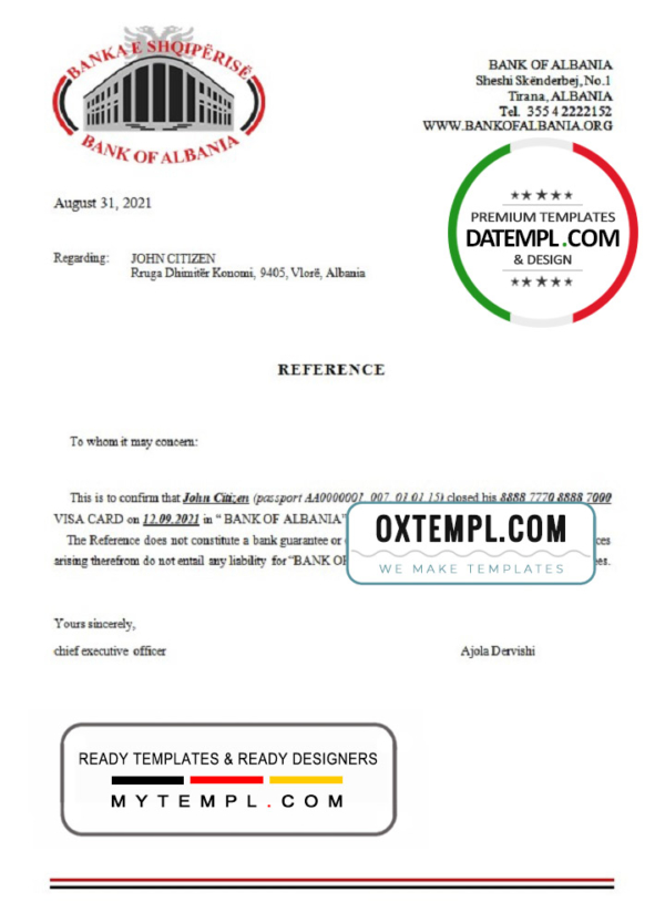 editable template, Albania Bank of Albania bank account closure reference letter template in Word and PDF format