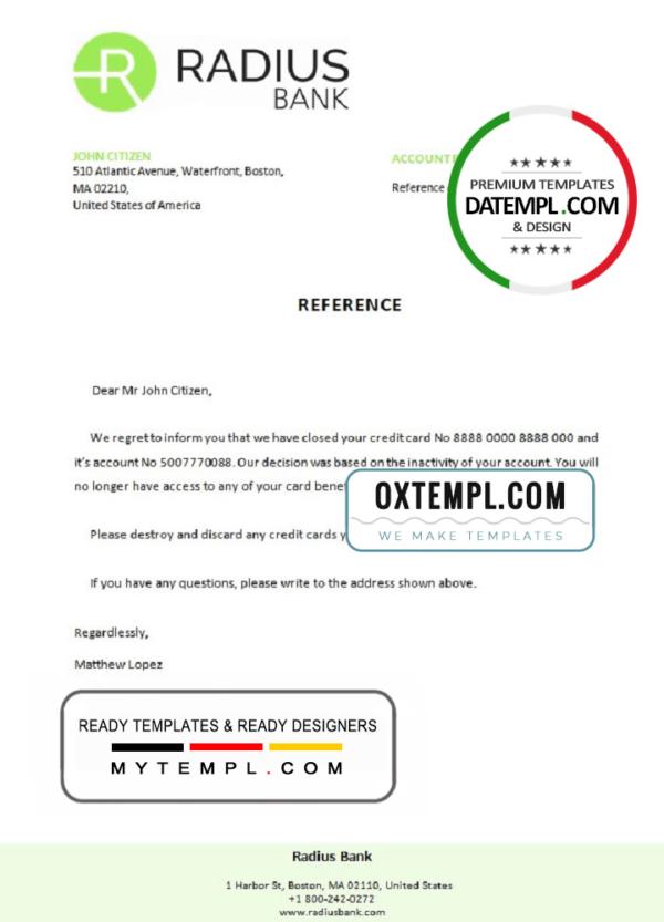 editable template, USA Radius bank account closure reference letter template in Word and PDF format