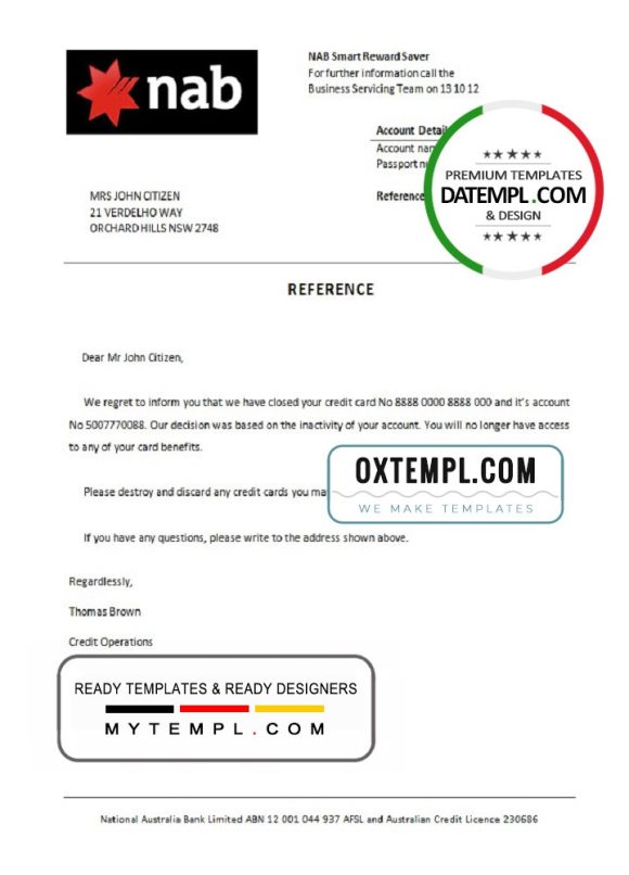 editable template, USA Nab bank account closure reference letter template in Word and PDF format