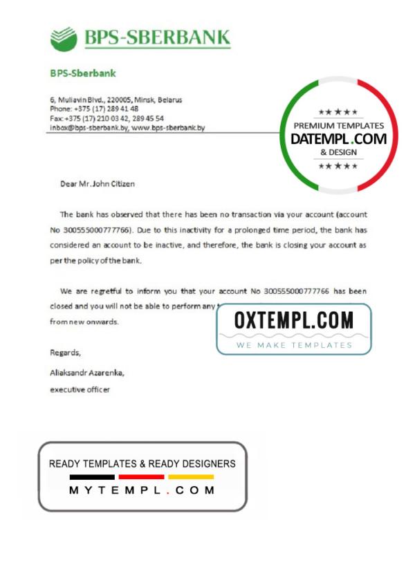 editable template, Belarus BPS-SBERBANK bank account closure reference letter template in Word and PDF format