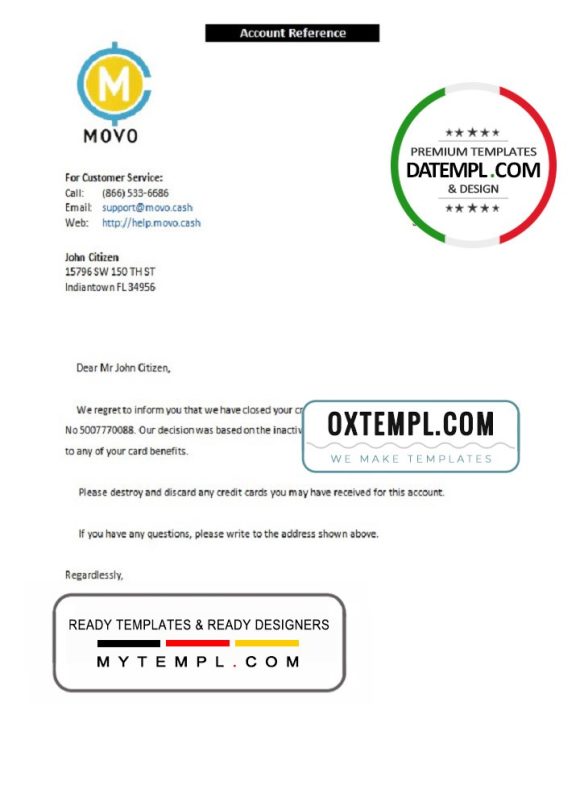 editable template, USA Movo bank account closure reference letter template in Word and PDF format