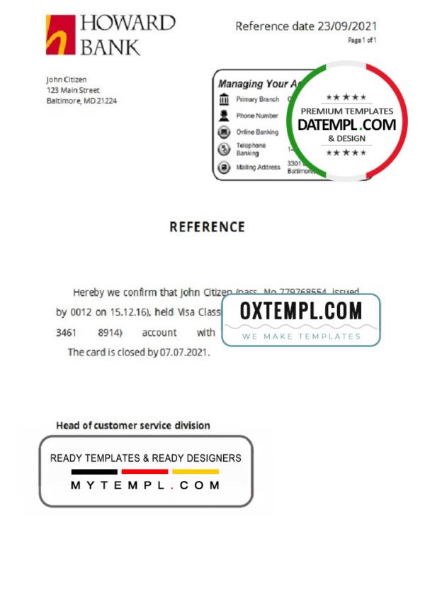 editable template, USA Howard Bank bank account closure reference letter template in Word and PDF format