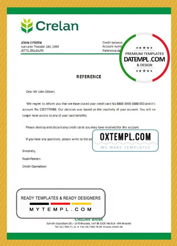 editable template, Belgium Crelan bank account closure reference letter template in Word and PDF format