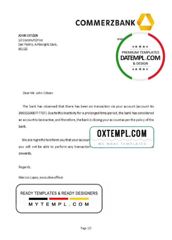 editable template, Belize Commerzbank bank account closure reference letter template in Word and PDF format