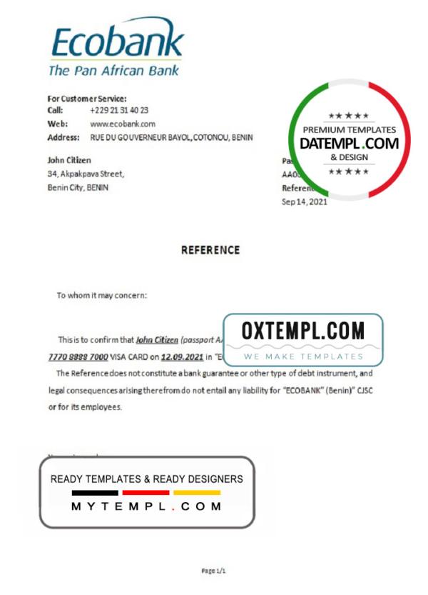 editable template, Benin Ecobank bank account closure reference letter template in Word and PDF format