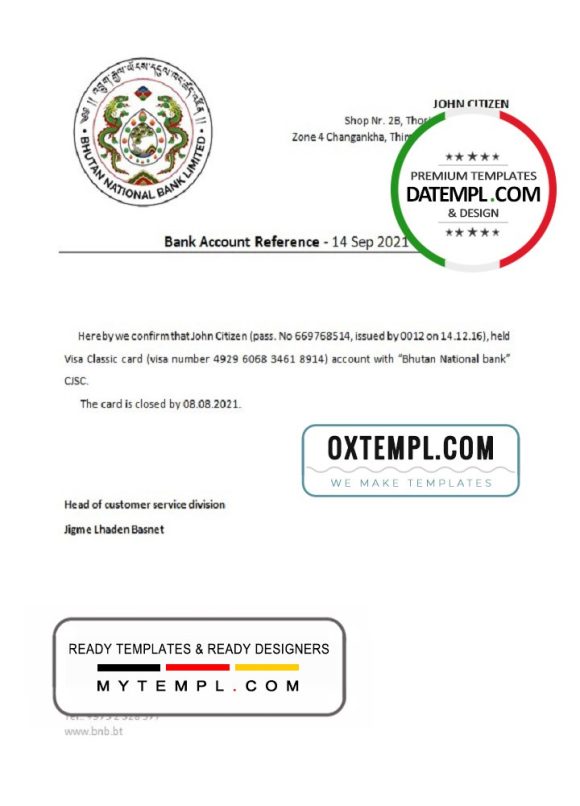 editable template, Bhutan National Bank account closure reference letter template in Word and PDF format