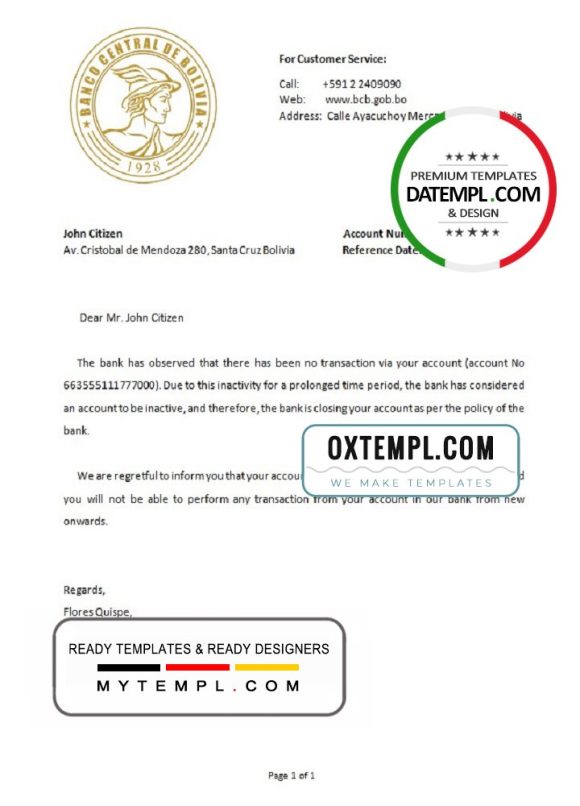 editable template, Bolivia Banco Central de Bolivia bank account closure reference letter template in Word and PDF format